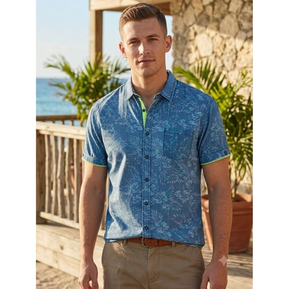Bar III Mens XXL Tropical Floral Short Sleeve Button Up Shirt Blue Neon Cotton